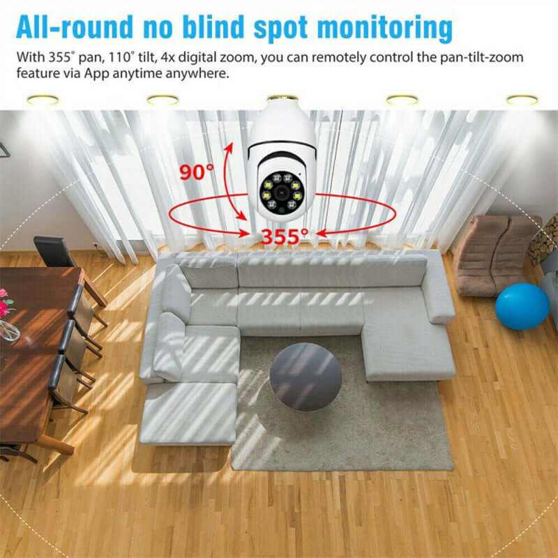 WiFi Light Bulb Security Camera with panoramic monitoring and mobile phone remote control features.