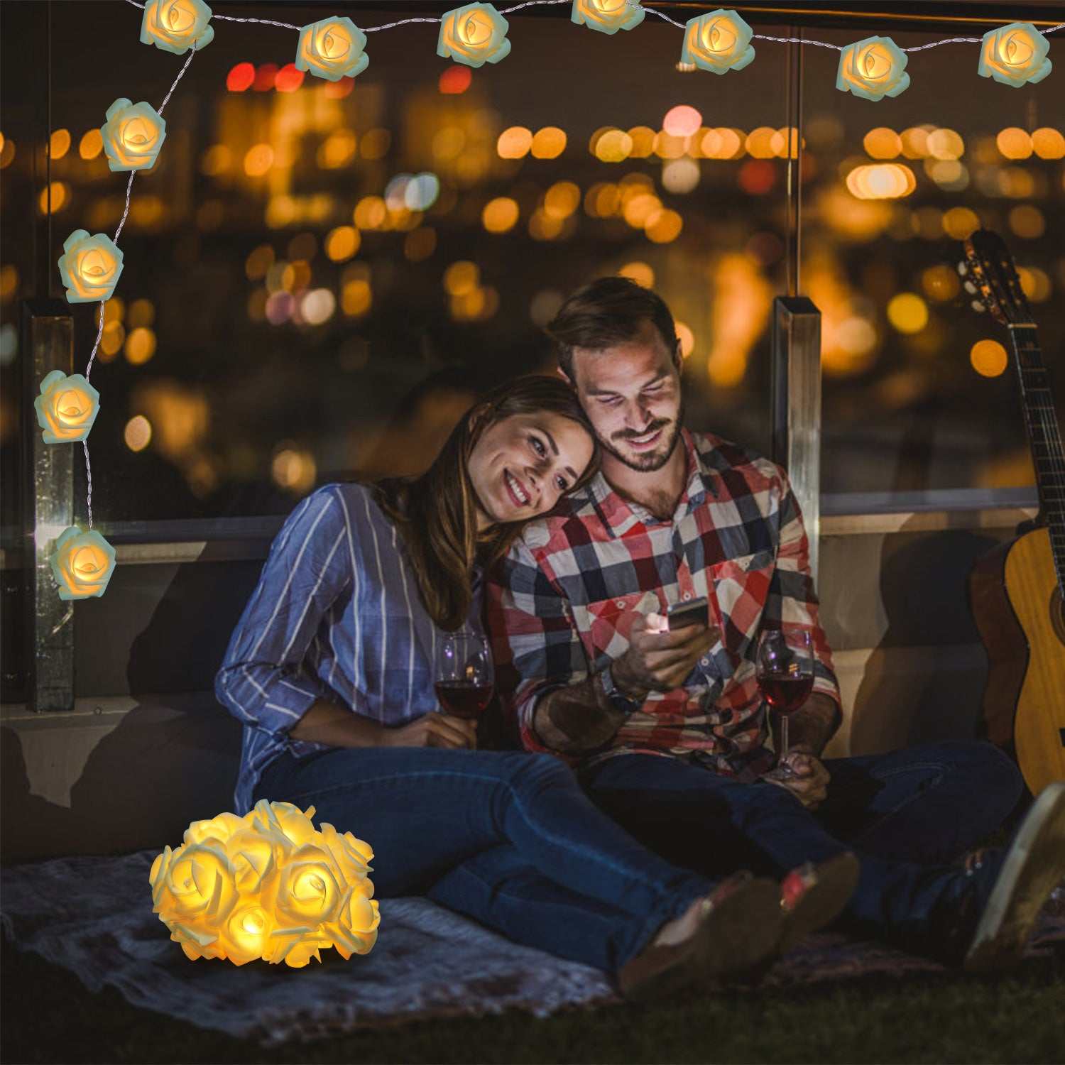 Rose String Lights illuminating a cozy setup with rose-shaped LED blooms and soft golden glow.