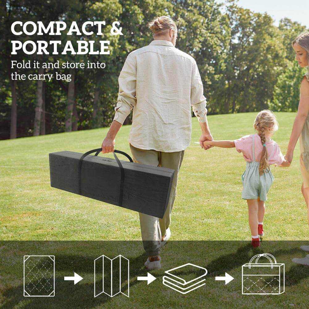 Reversible Waterproof Outdoor Rug folded and carried in bag by family, showcasing compact and portable design.
