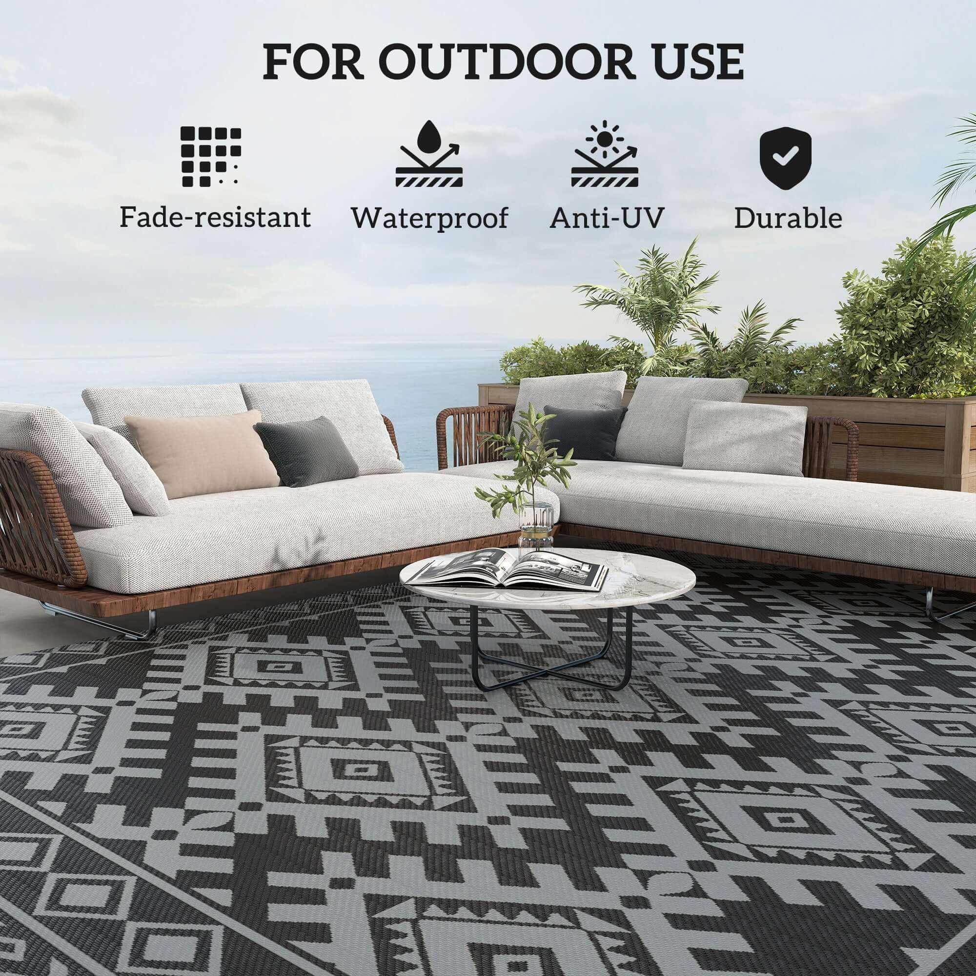 Reversible Waterproof Outdoor Rug folded and carried in bag by family, showcasing compact and portable design.