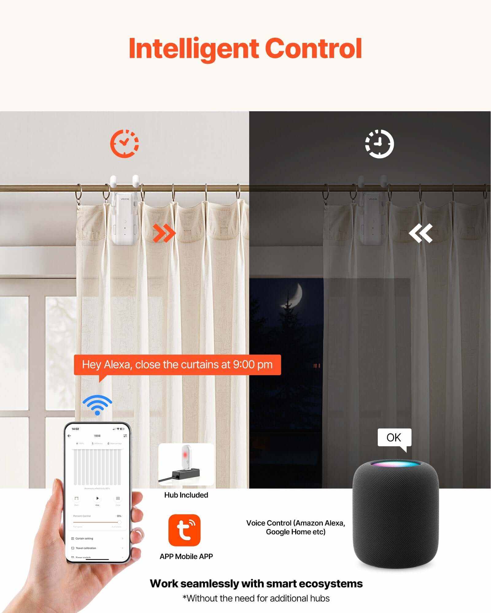 Smart Curtain Opener Alexa Google Home features light sensor, timed opening, and silent mode for convenient automation.