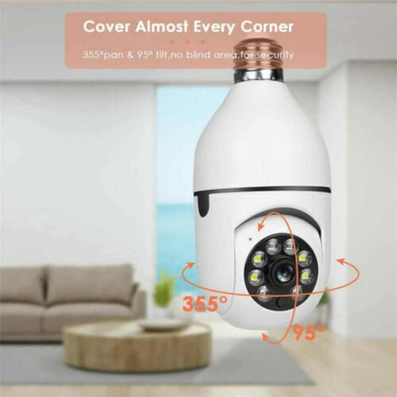 WiFi Light Bulb Security Camera with 1080P HD resolution, 360-degree view, and E27 lamp socket features.