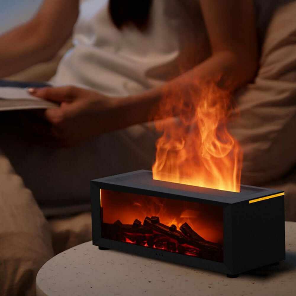 Flame Aromatherapy Diffuser showcasing realistic flame effect and warm ambiance in a cozy setting.