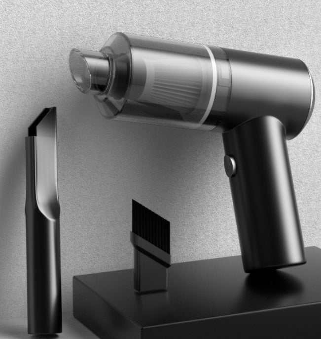 Cordless Car Vacuum with attachments displayed on a pastel background, showcasing its compact design and features.