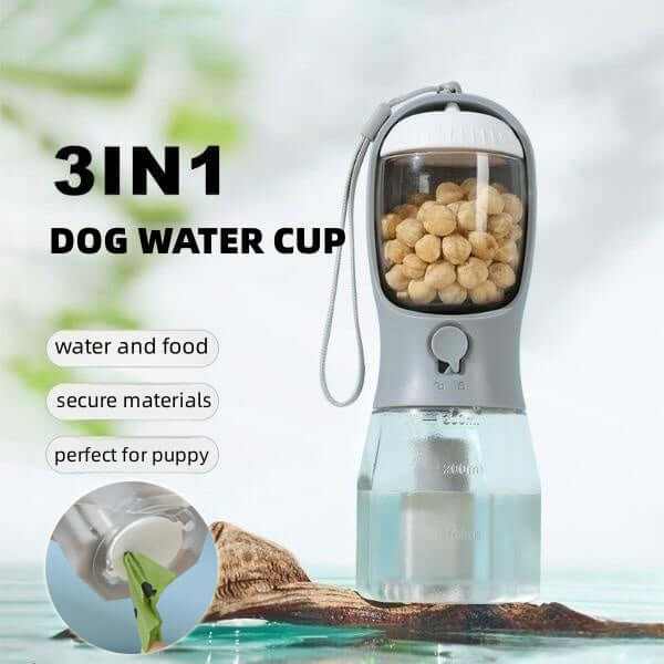 Portable dog water cup with 3-in-1 design for food, drink, and waste bag storage