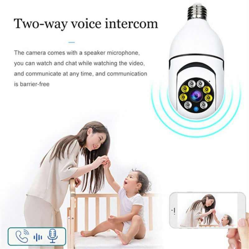 WiFi Light Bulb Security Camera with panoramic monitoring and mobile phone remote control features.