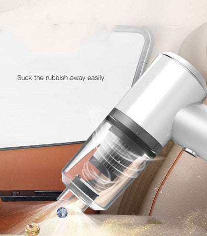 Cordless Car Vacuum with attachments displayed on a pastel background, showcasing its compact design and features.