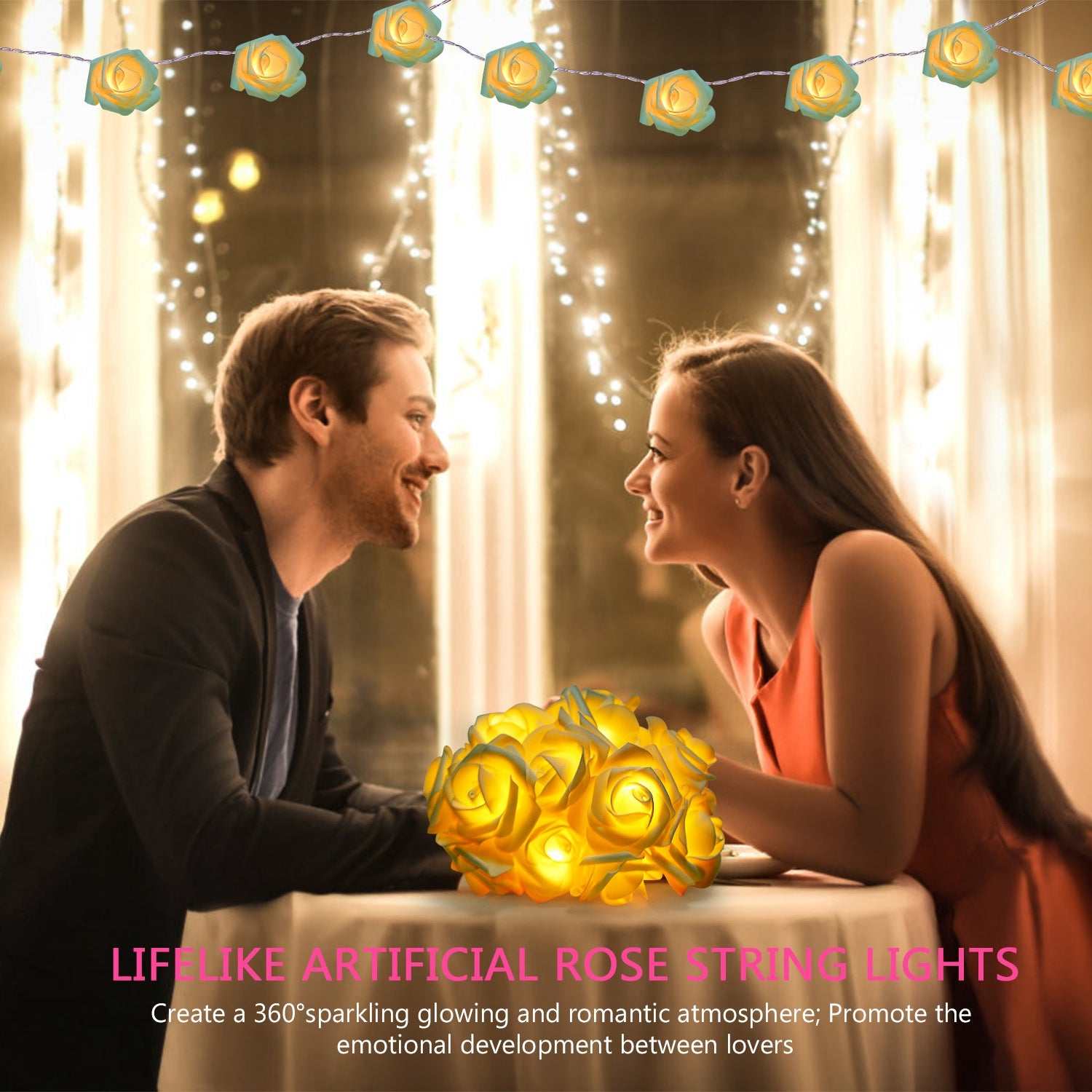 Rose String Lights illuminating a cozy setup with rose-shaped LED blooms and soft golden glow.
