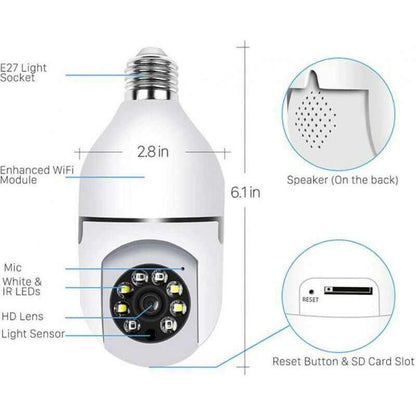 WiFi Light Bulb Security Camera with panoramic monitoring and mobile phone remote control features.