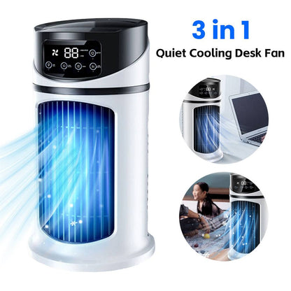 Compact USB powered portable air cooler fan with water tank on office desk