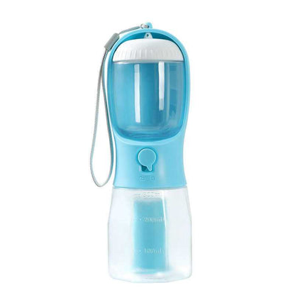 Portable Dog Water Cup 3-in-one featuring water, food container, and waste bag dispenser for pet owners on the go.