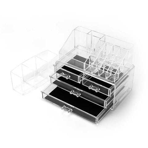 Makeup Storage Organizer Set with clear compartments for toiletries and cosmetics on vanity table
