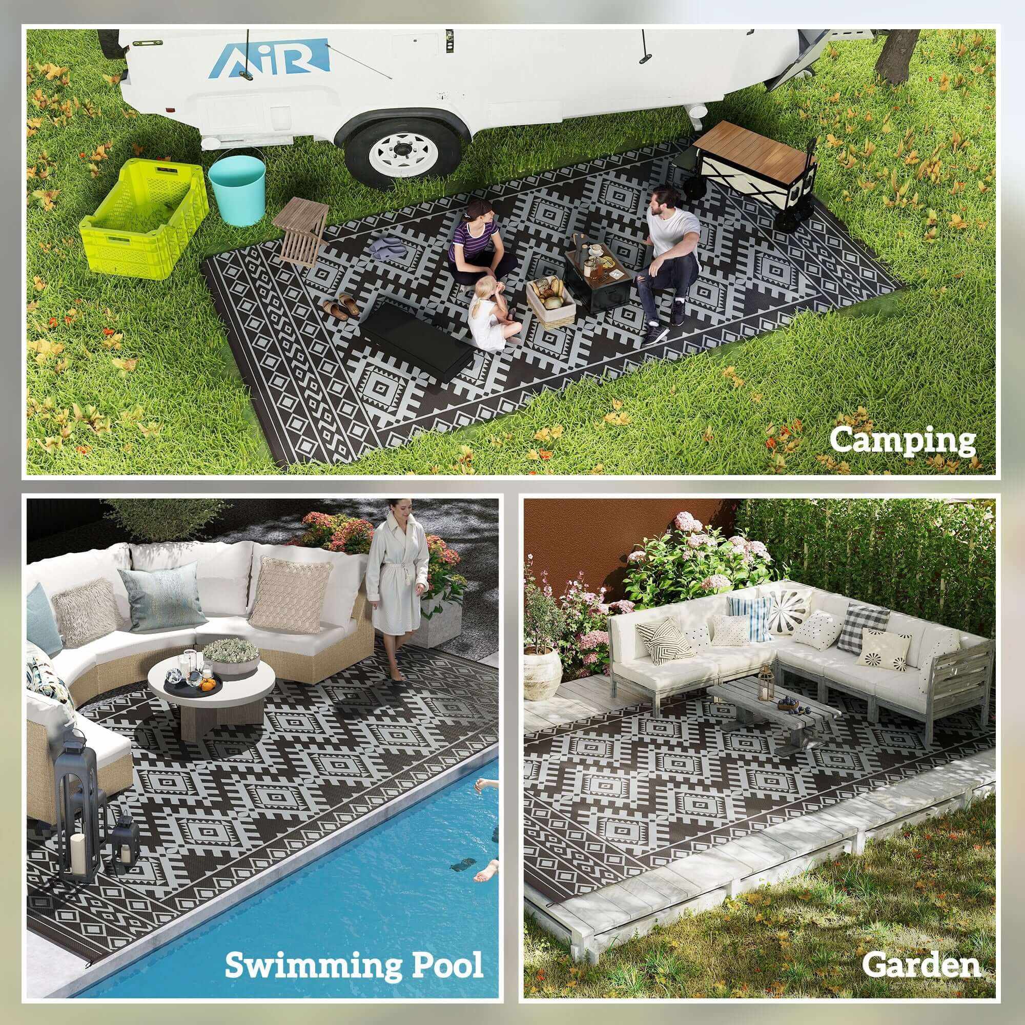 Reversible Waterproof Outdoor Rug folded and carried in bag by family, showcasing compact and portable design.