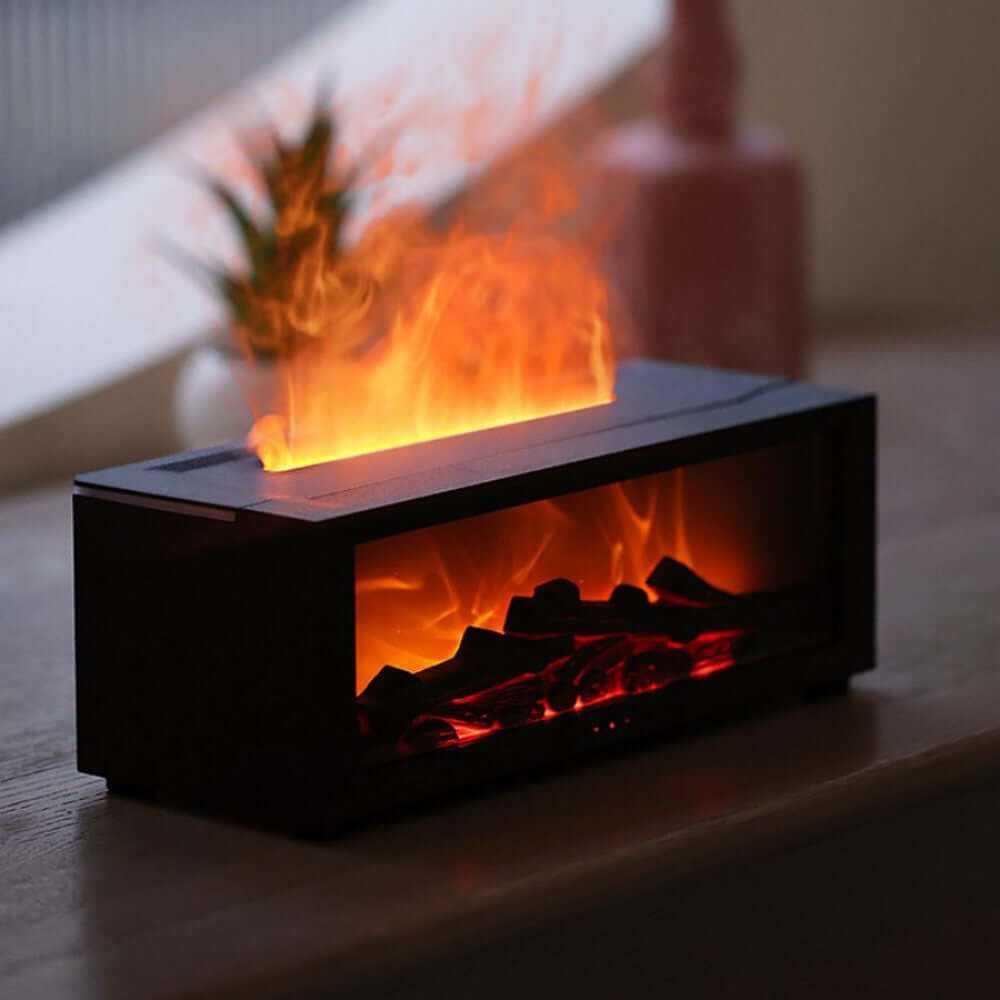 Flame Aromatherapy Diffuser showcasing realistic flame effect and warm ambiance in a cozy setting.