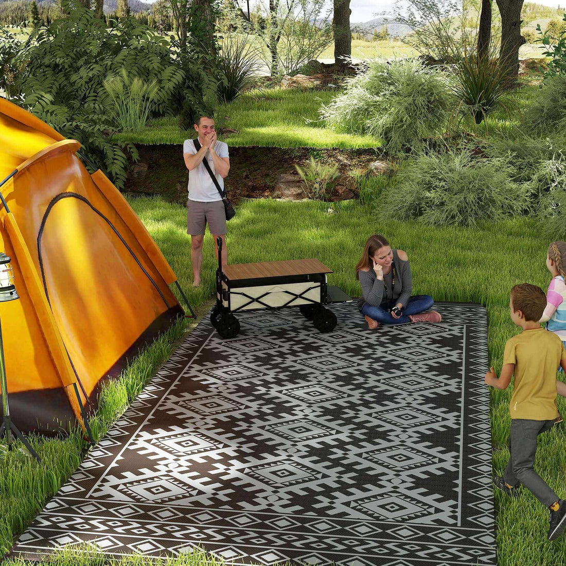 Black and gray reversible waterproof outdoor rug with rhombus border and carry bag