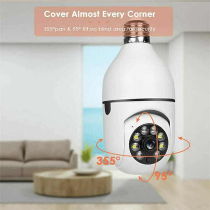 WiFi Light Bulb Security Camera with 1080P HD resolution, 360-degree view, and E27 lamp socket features.
