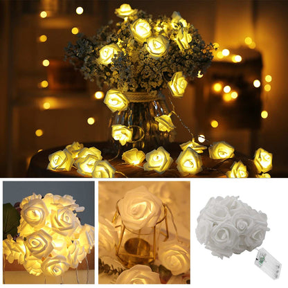 Rose String Lights illuminating a cozy setup with rose-shaped LED blooms and soft golden glow.