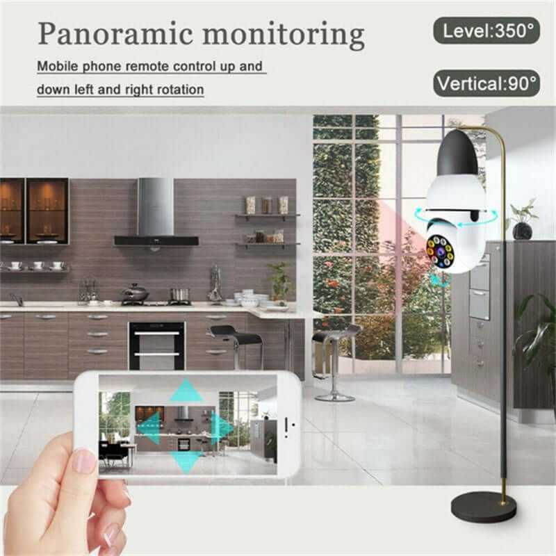 WiFi Light Bulb Security Camera with panoramic monitoring and mobile phone remote control features.