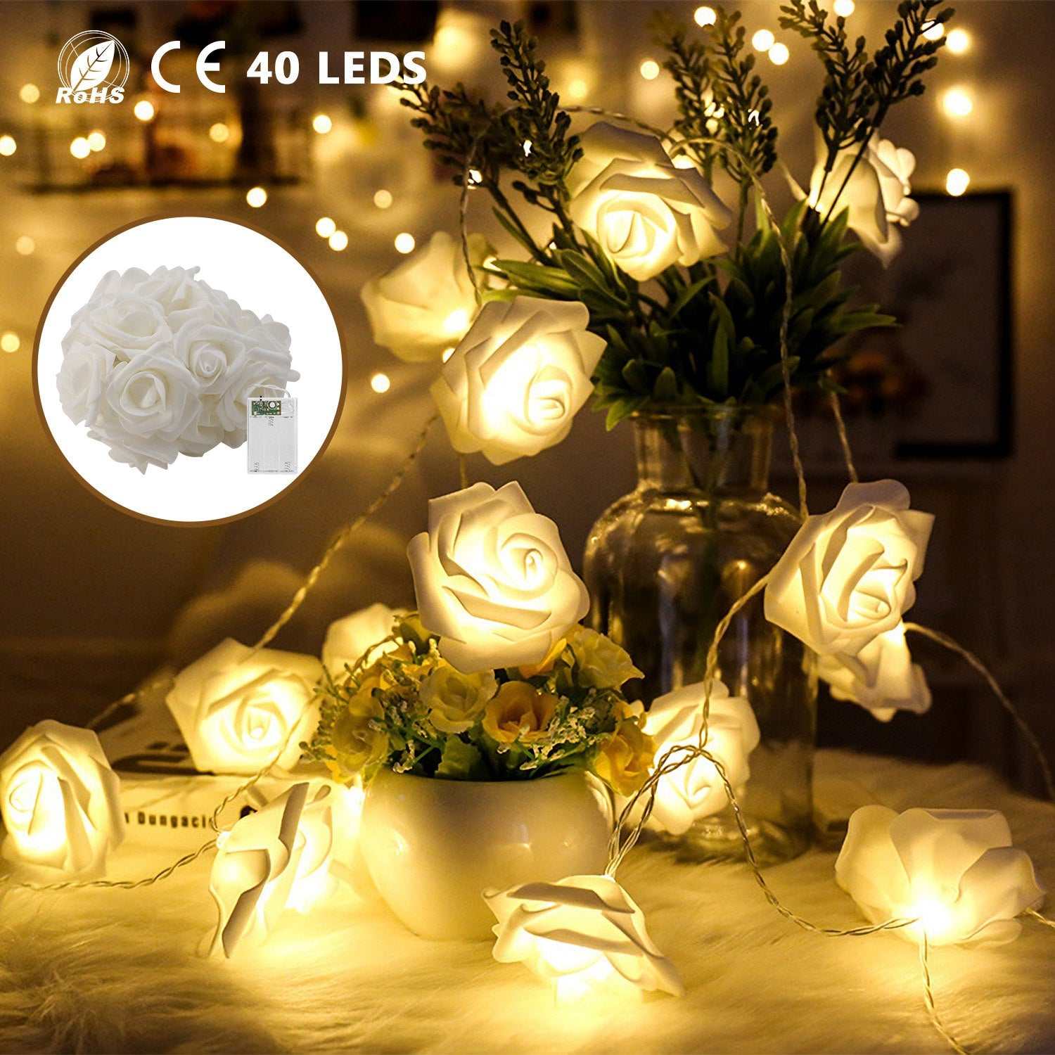 40 LED rose string lights glowing warmly on a 10ft decorative strand
