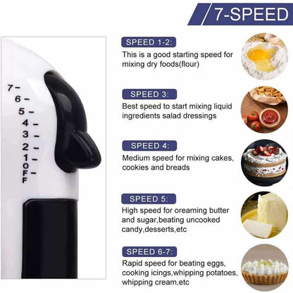 7-Speed Electric Stand Mixer with mixing bowl and attachments on kitchen countertop