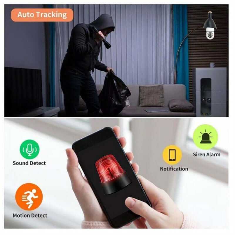WiFi Light Bulb Security Camera with 1080P HD resolution, 360-degree view, and E27 lamp socket features.