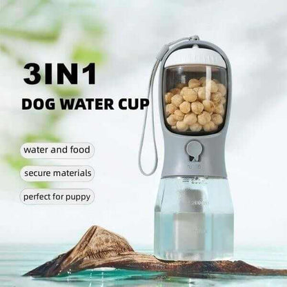Portable Dog Water Cup 3-in-one featuring water, food container, and waste bag dispenser for pet owners on the go.