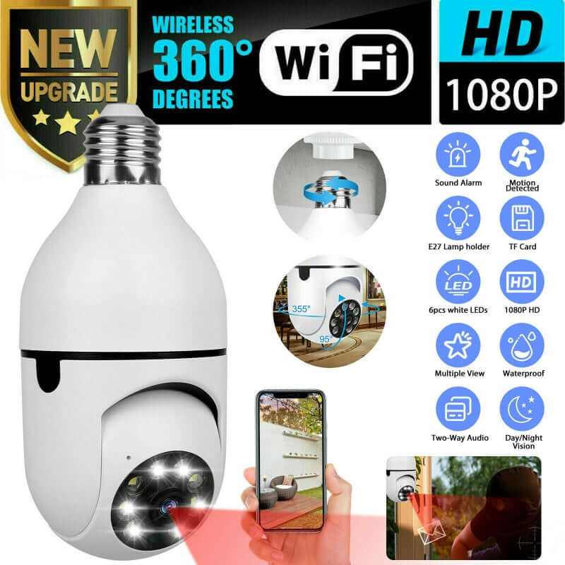 WiFi light bulb security camera with 1080P HD, adjustable lens, two-way audio, and night vision in E27 lamp socket.
