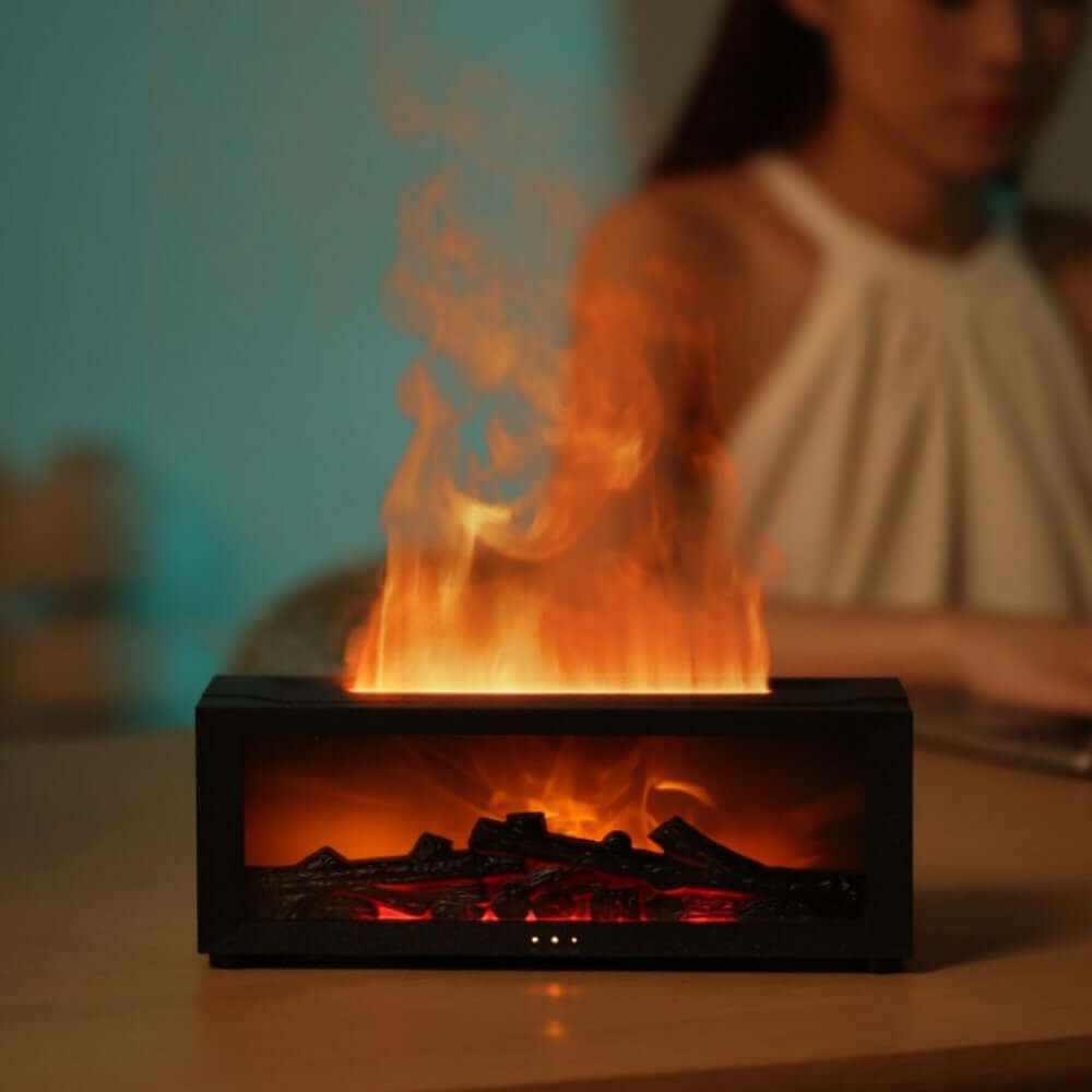 Flame Aromatherapy Diffuser with realistic flame effect and essential oil humidifier emitting calming light