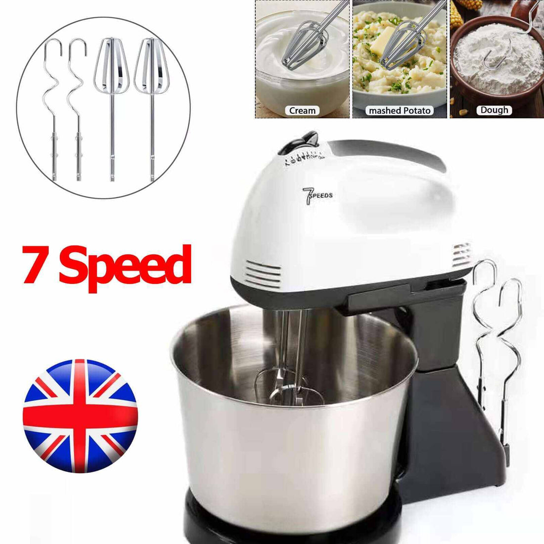 7-Speed Electric Stand Mixer with tilt-head design, mixing bowl, beater, and dough hook attachments on countertop