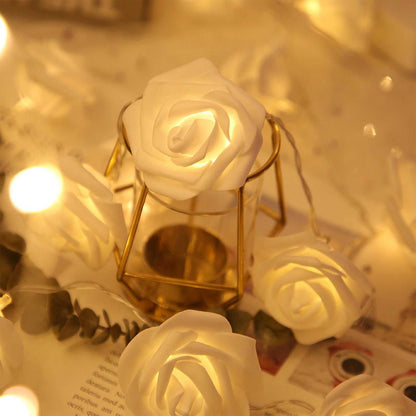 Rose String Lights illuminating a cozy setup with rose-shaped LED blooms and soft golden glow.